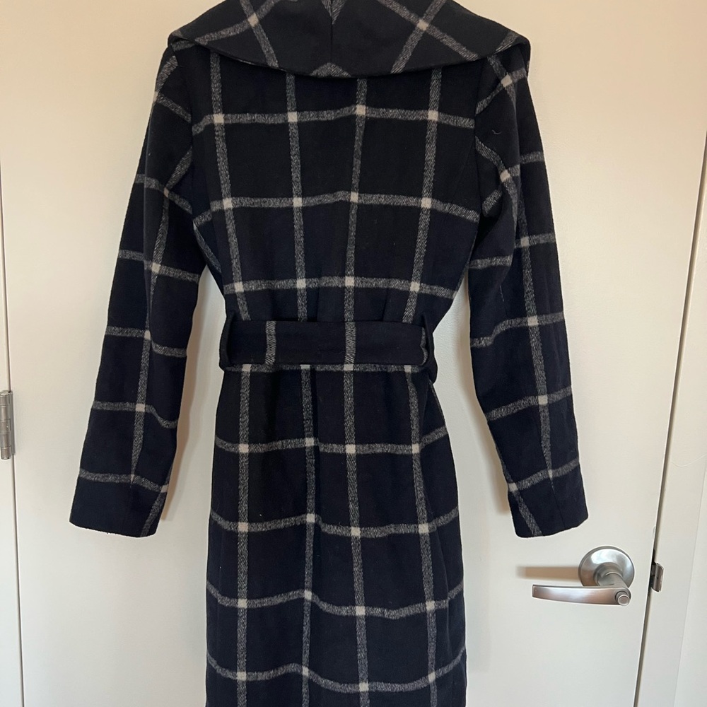 Ann Taylor Windowpane Navy White Plaid Belted Wool Wrap Coat Size XS - Picture 4 of 5